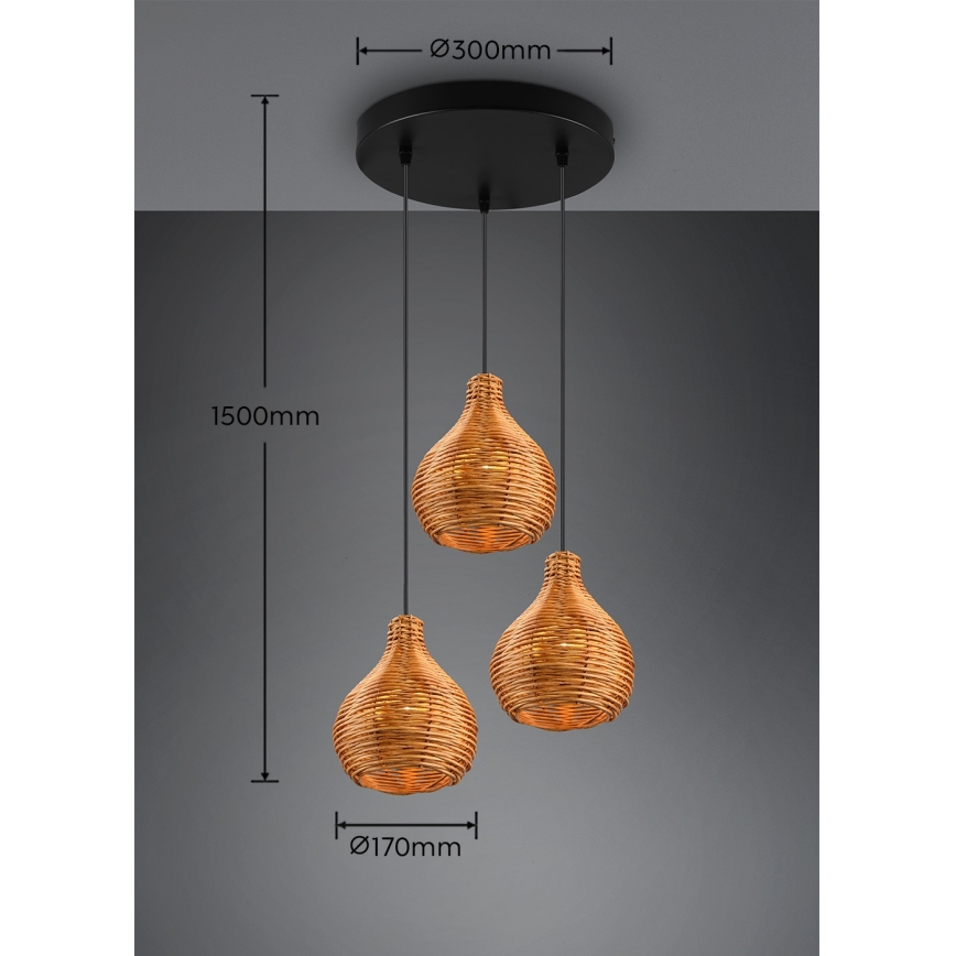 Reality - Luster na lanku SPROUT 3xE14/40W/230V hnedá/ratan