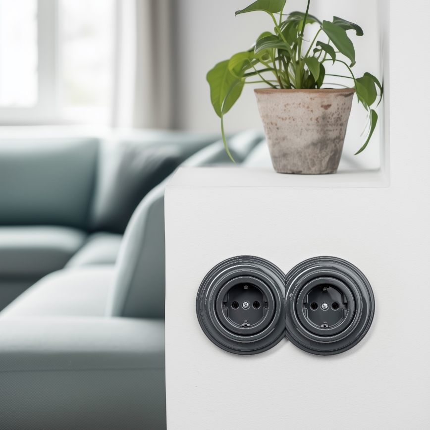 Reblig - Dvojitá retro domová zásuvka s rámčekom SCHUKO 230V antracit