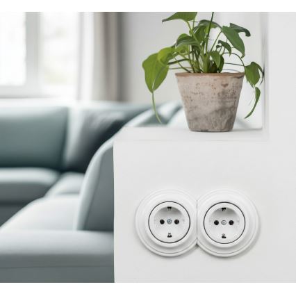 Reblig - Dvojitá retro domová zásuvka s rámčekom SCHUKO 230V snehovo biela