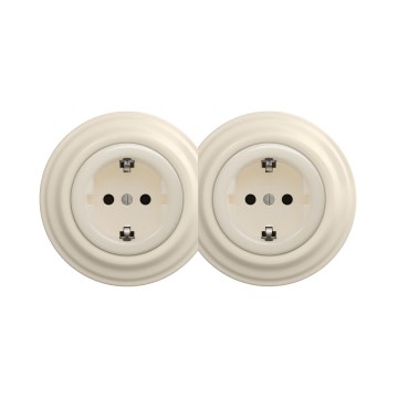 Reblig - Dvojitá retro domová zásuvka s rámikom SCHUKO 230 V béžová