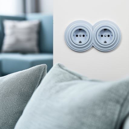 Reblig - Dvojitá retro domová zásuvka SCHUKO 230 V s rámčekom, modrá