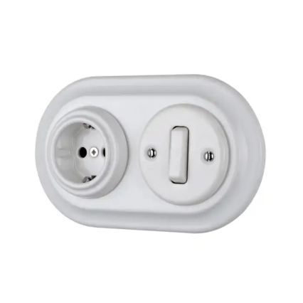 Reblig - Porcelánová retro domová zásuvka bez rámčeka SCHUKO 250V/16A biela