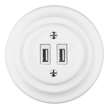 Reblig - Porcelánová retro USB napájacia zásuvka s rámčekom 2x USB-A biela