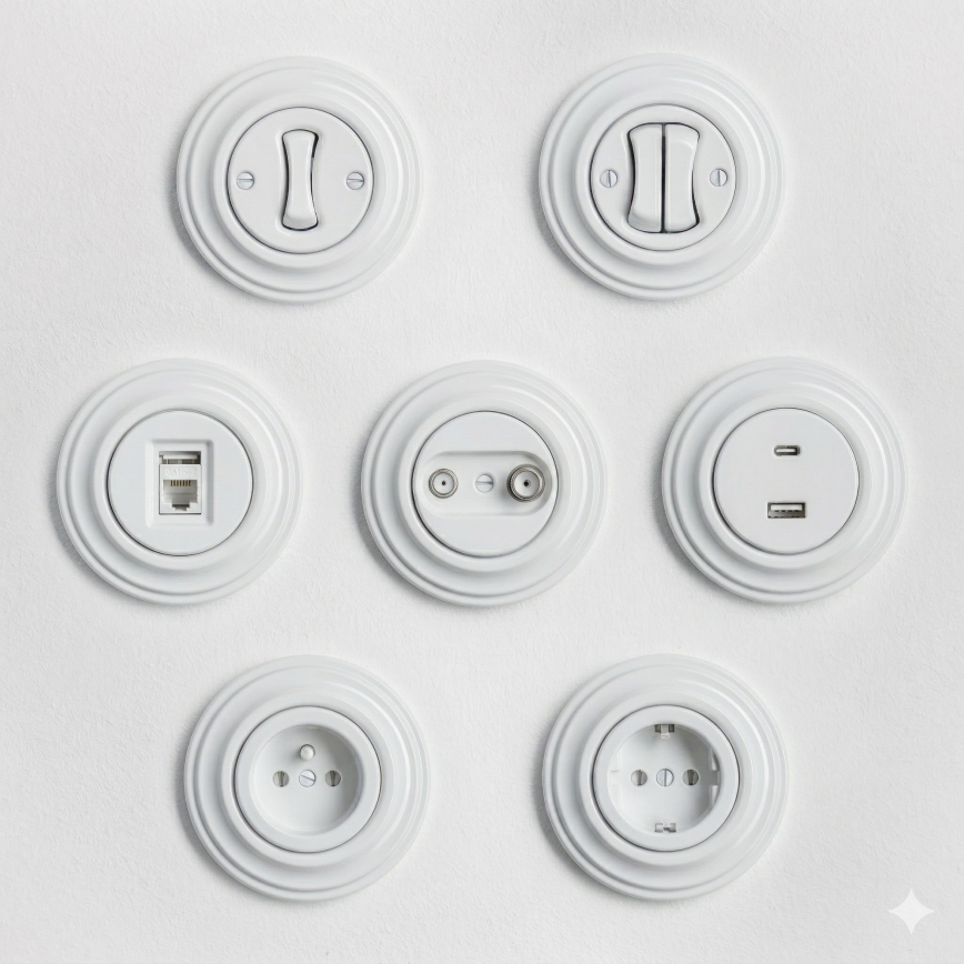 Reblig - Retro domová zásuvka s rámikom SCHUKO 230V/16A snehovo biela