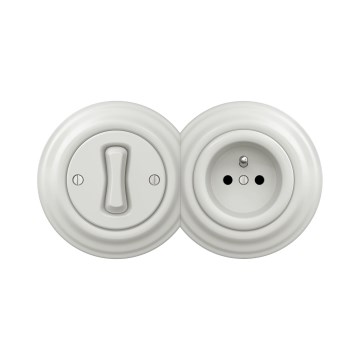 Reblig - Retro jednopólový vypínač č. 1 a zásuvka 230 V s rámečekom, keramická, biela