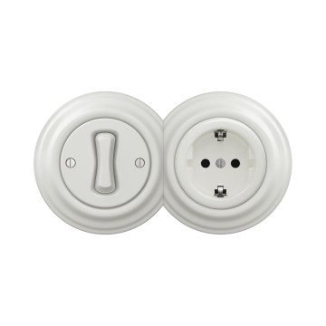 Reblig - Retro jednopólový vypínač č. 1 a zásuvka SCHUKO 230 V s keramickým rámom, biela
