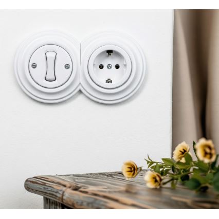 Reblig - Retro jednopólový vypínač č. 1 a zásuvka SCHUKO 230V s rámom, snehovo biela