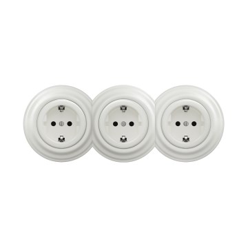 Reblig - Trojitá retro domová zásuvka s rámčekom SCHUKO 230V keramická biela
