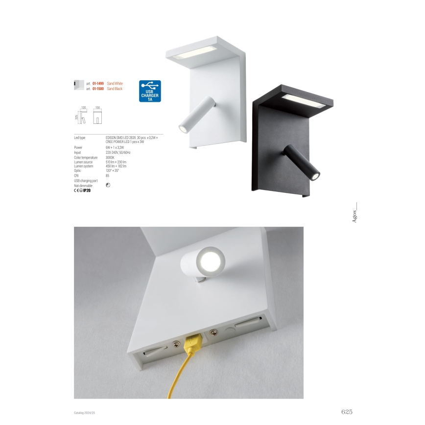 Redo 01-1499 - LED Nástenné bodové svietidlo AGOS LED/6W/230V + LED/3,2W USB biela
