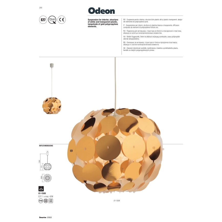 Redo 01-1508 - Luster na lanku ODEON 1xE27/42W/230V pr. 36 cm zlatá