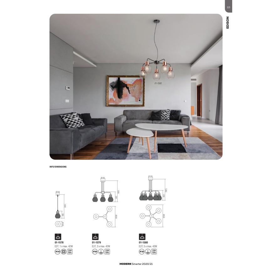 Redo 01-1579 - Luster na lanku EDISON 3xE27/42W/230V, priemer 53 cm, čierna/medená