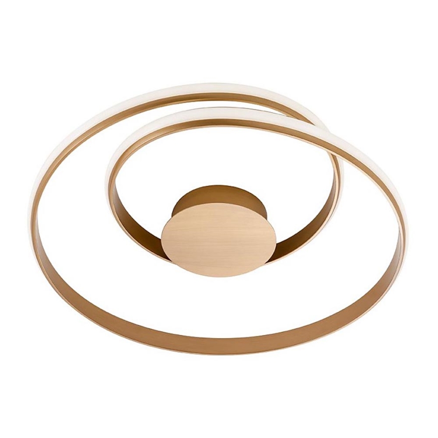 Zlaté stropné svietidlo s dvoma prekrývajúcimi sa kruhmi, ktoré obsahujú vnútorné LED osvetlenie. Svietidlo je zavesené na strope.
