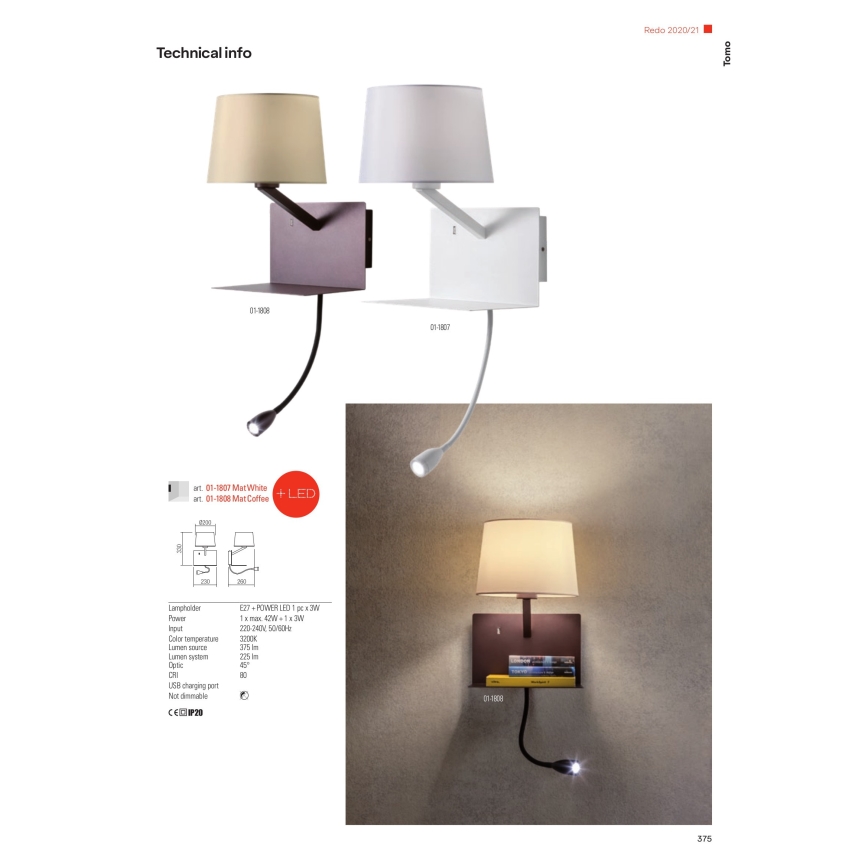Redo 01-1807 - LED Nástenné svietidlo s flexibilnou lampičkou TOMO 1xE27/42W/230V + LED/3W/230V biela