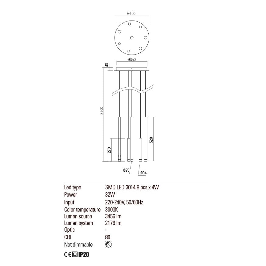 Redo 01-2050 - LED Luster na lanku MADISON 8xLED/4W/230V zlatá