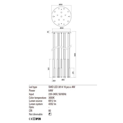 Redo 01-2058 - LED Luster na lanku MADISON 16xLED/4W/230V zlatá