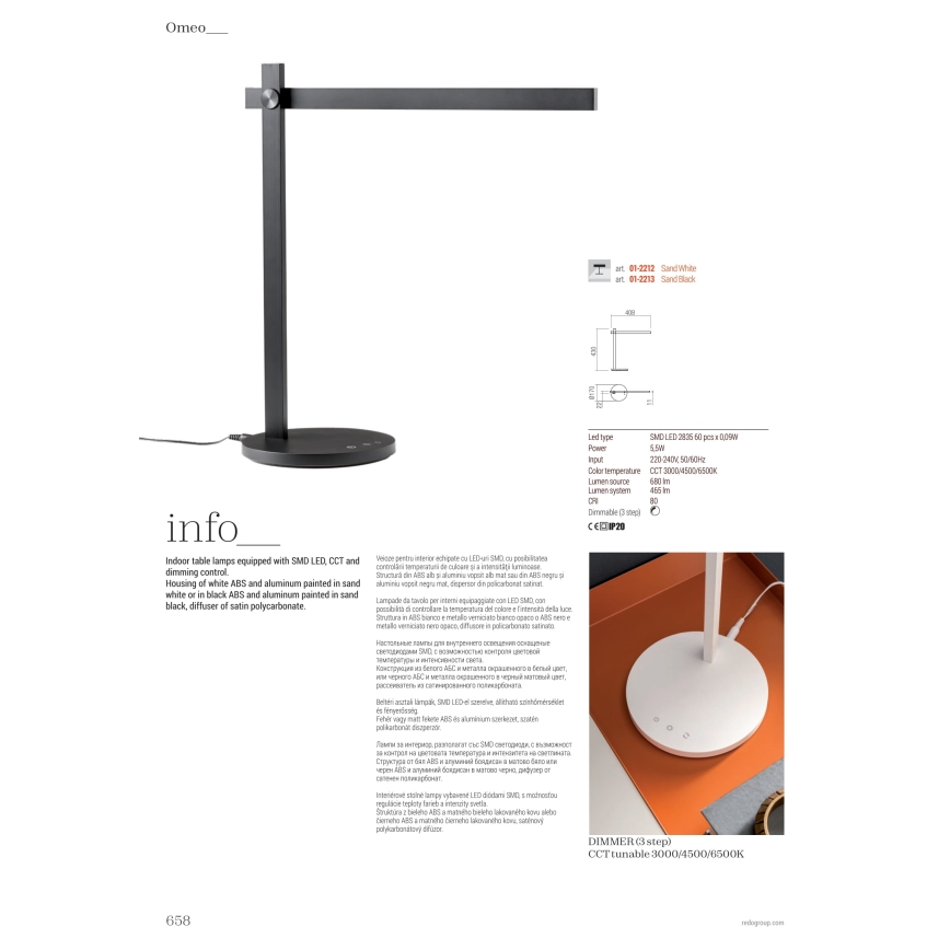 Redo 01-2213 - LED Stmievateľná dotyková stolná lampa OMEO LED/5,5W/230V 3000/4500/6500K čierna