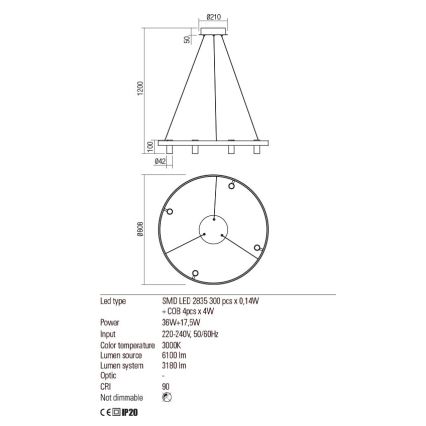 Redo 01-2492 - LED Luster na lanku SUMMIT LED/53,5W/230V CRI 90 pr. 80,8 cm zlatá