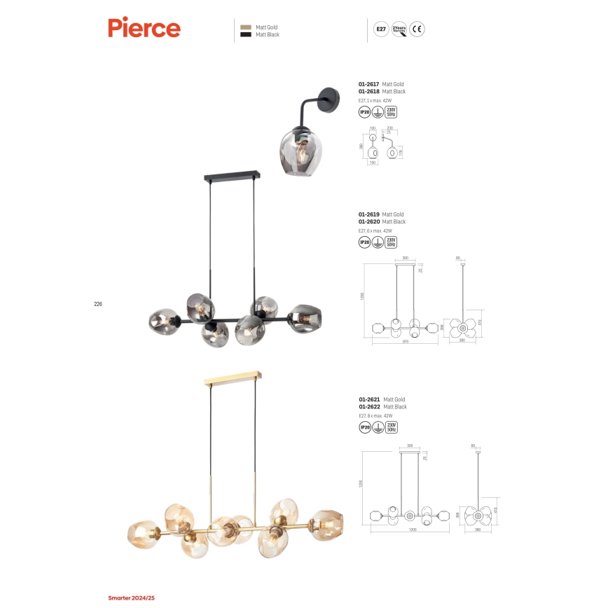 Redo 01-2617 - Nástenná lampa PIERCE 1xE27/42W/230V zlatá/dymová