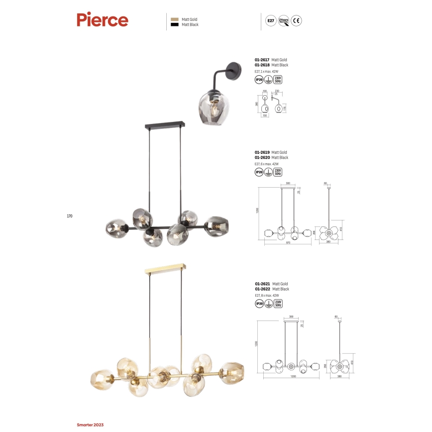 Redo 01-2619 - Luster na lanku PIERCE 6xE27/42W/230V zlatá/dymová