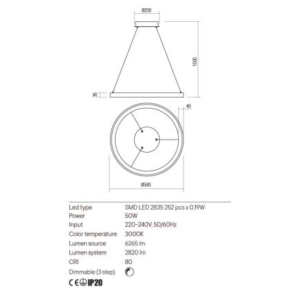 Redo 01-2673 - LED Stmievateľný luster na lanku ICONIC LED/50W/230V pr. 58 cm zlatá