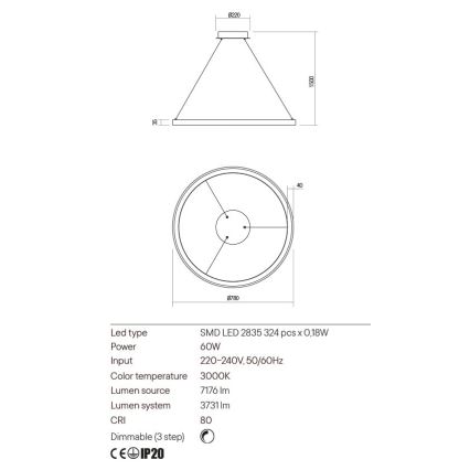 Redo 01-2676 - LED Stmievateľný luster na lanku ICONIC LED/60W/230V pr. 78 cm zlatá