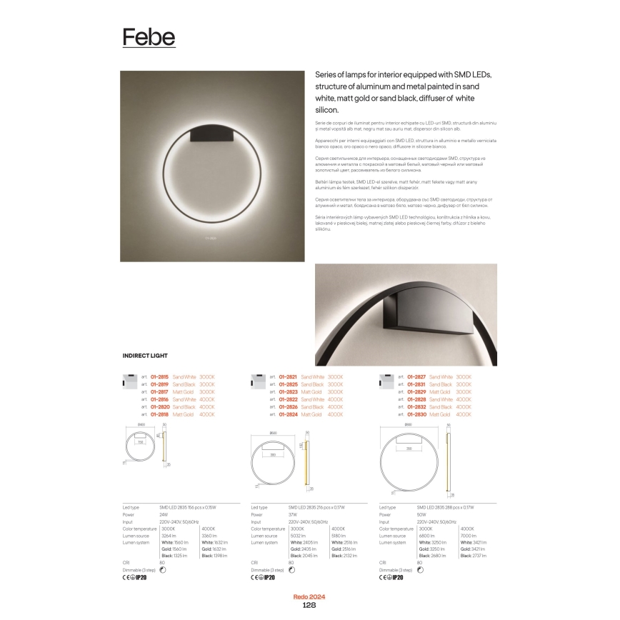 Redo 01-2819 - Stmievateľné LED nástenné svietidlo FEBE LED/24W/230V čierne