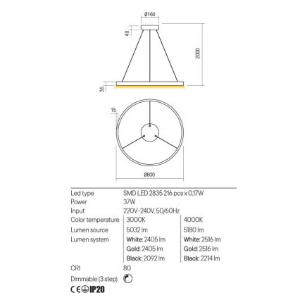 Redo 01-2865 - LED Stmievateľný luster na lanku FEBE LED/37W/230V zlatá