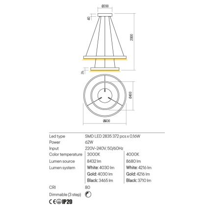 Redo 01-2891 - LED Stmievateľný luster na lanku FEBE LED/62W/230V čierna