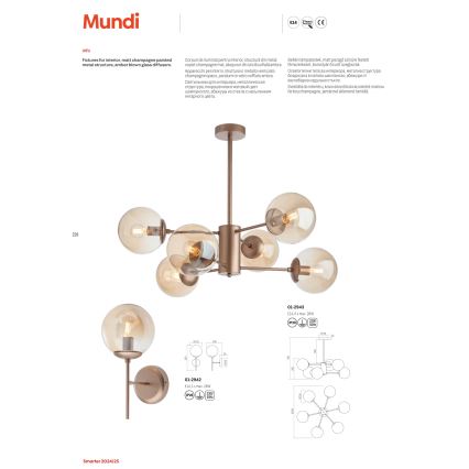 Redo 01-2943 - Luster na tyči MUNDI 6xE14/28W/230V meď/dymová