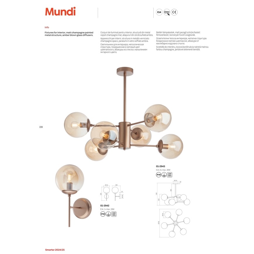 Redo 01-2943 - Luster na tyči MUNDI 6xE14/28W/230V meď
