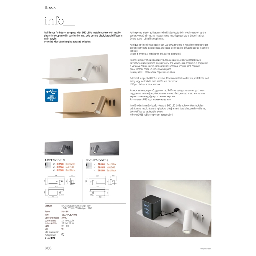 Redo 01-2985 - LED Nástenné bodové svietidlo BROOK LED/8W/230V + LED/3W USB CRI 90 čierna ľavá