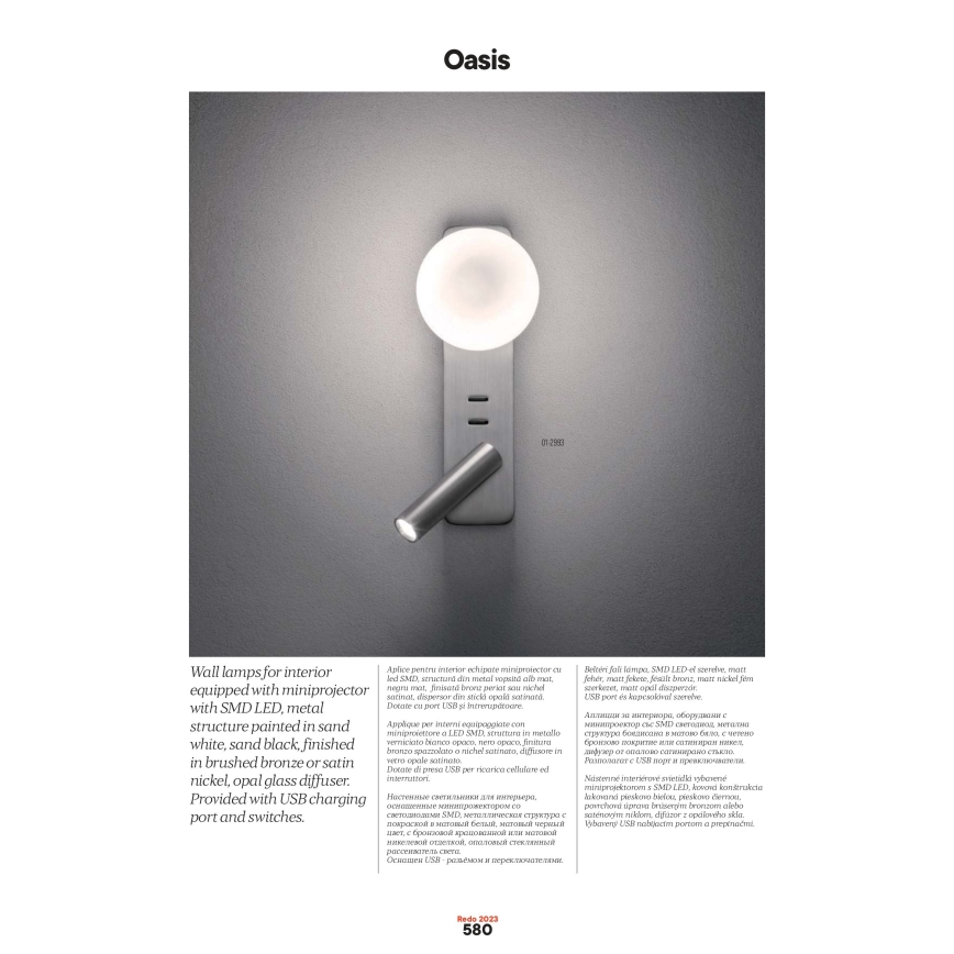 Redo 01-2994 - LED nástenné svietidlo OASIS LED/3W/230V + 1xG9/10W USB CRI 90 čierna