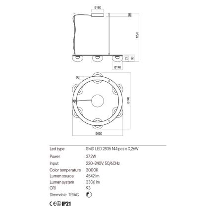 Redo 01-3248- LED Stmievateľný luster na lanku SINCLAIR LED/37,2W/230V CRI 93 IP21 čierna