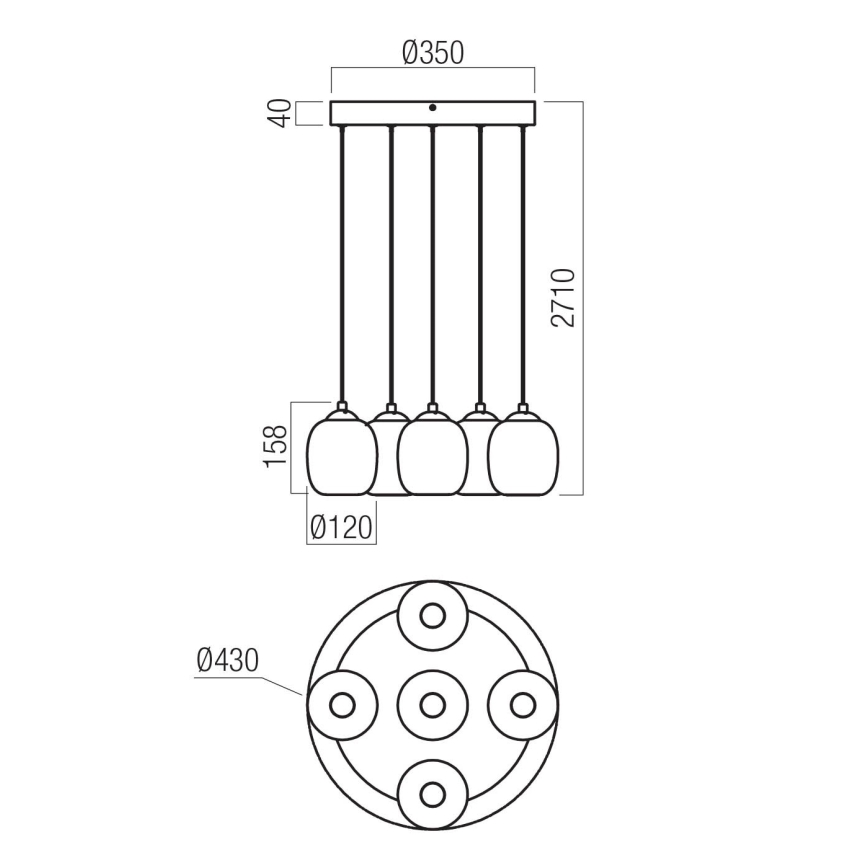 Redo 01-3488 - LED stmievateľný závesný luster na lane KHADI 5xLED/5,2W/230V CRI 90, priemer 43 cm, čierna/dymová