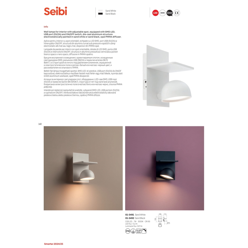 Redo 01-3491 - LED Nástenné bodové svietidlo SEIBI LED/7W/230V USB CRI 90 biela