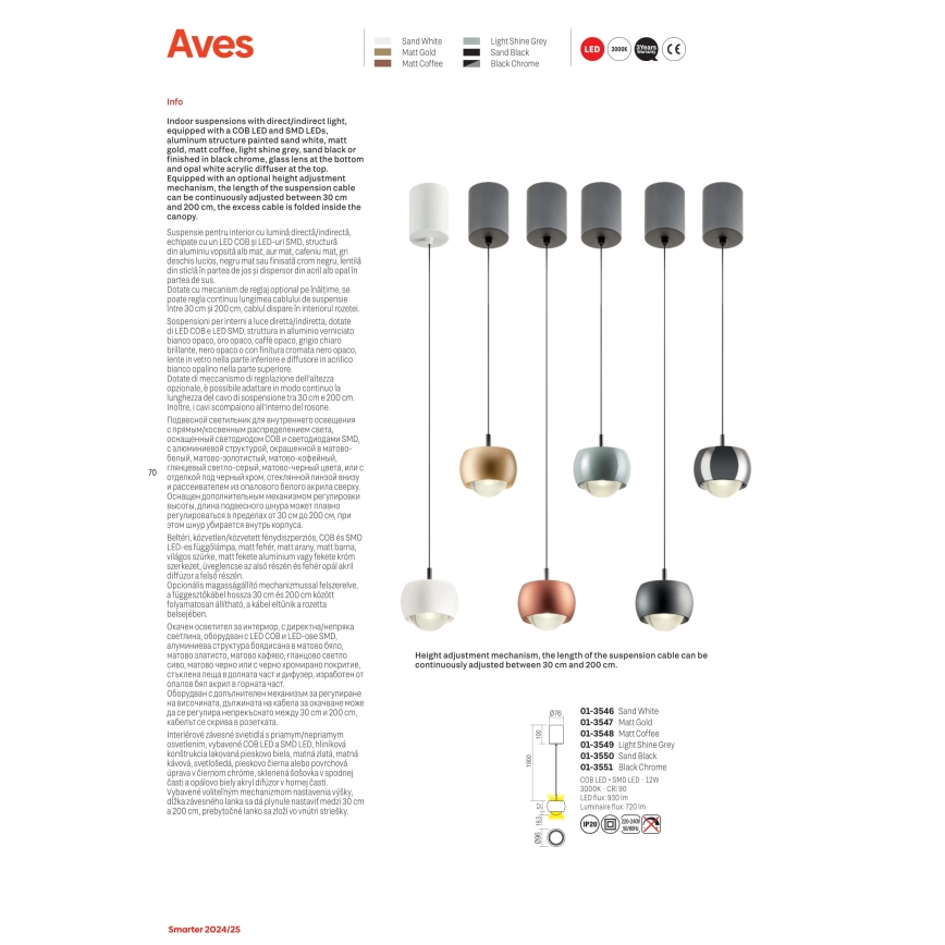 Redo 01-3551 - LED Luster na lanku AVES LED/12W/230V pr. 9,6 cm CRI 90 antracit