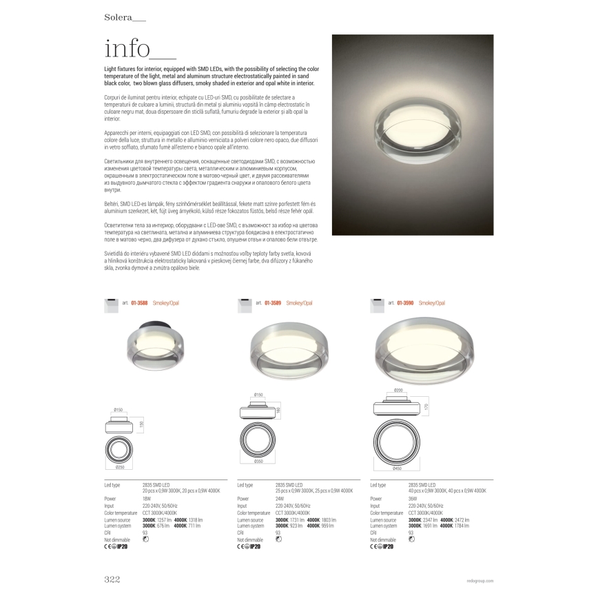 Redo 01-3588 - LED Stropné svietidlo SOLERA LED/18W/230V pr. 25 cm CRI 93 3000/4000K šedá