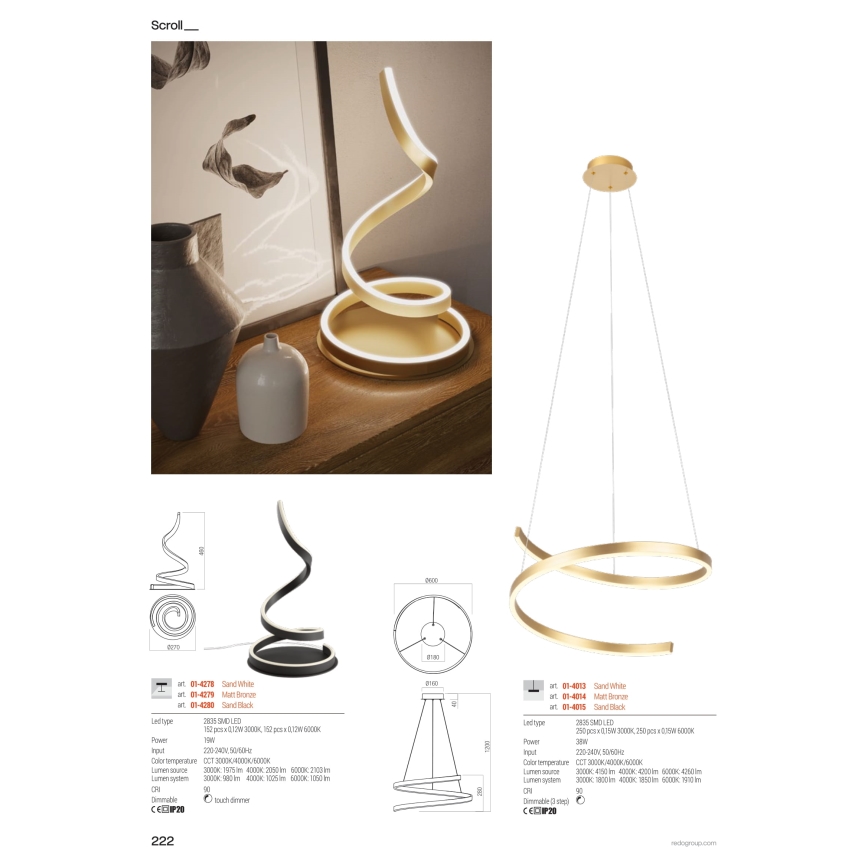 Redo 01-4014 - LED Stmievateľný luster na lane SCROLL LED/38W/230V 3000K/4000K/6000K CRI 90 pr. 60 cm zlatá