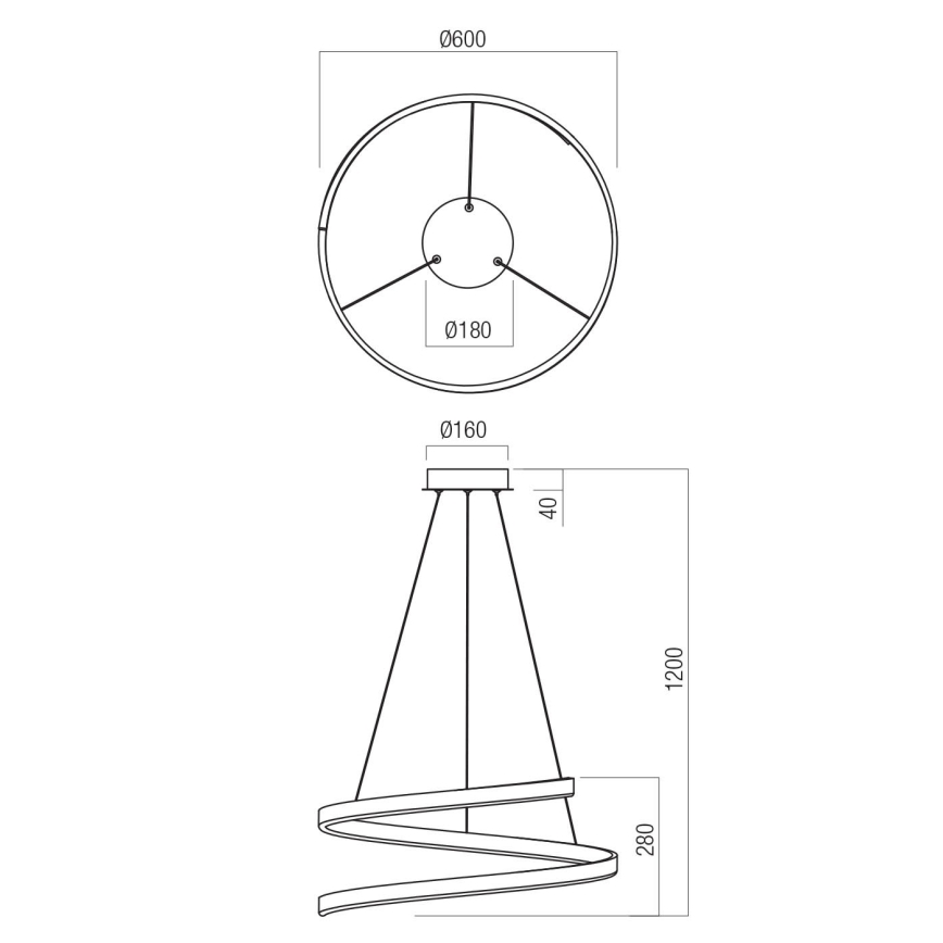 Redo 01-4015 - LED stmievateľný luster na lanku SCROLL LED/38W/230V 3000K/4000K/6000K CRI 90 pr. 60 cm čierna