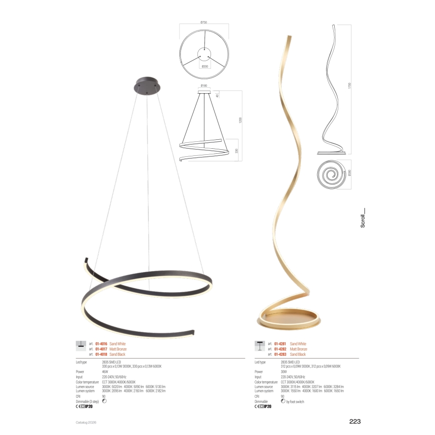 Redo 01-4281 - LED Stmievateľná stojacia lampa SCROLL LED/30W/230V 3000K/4000K/6000K CRI 90 biela