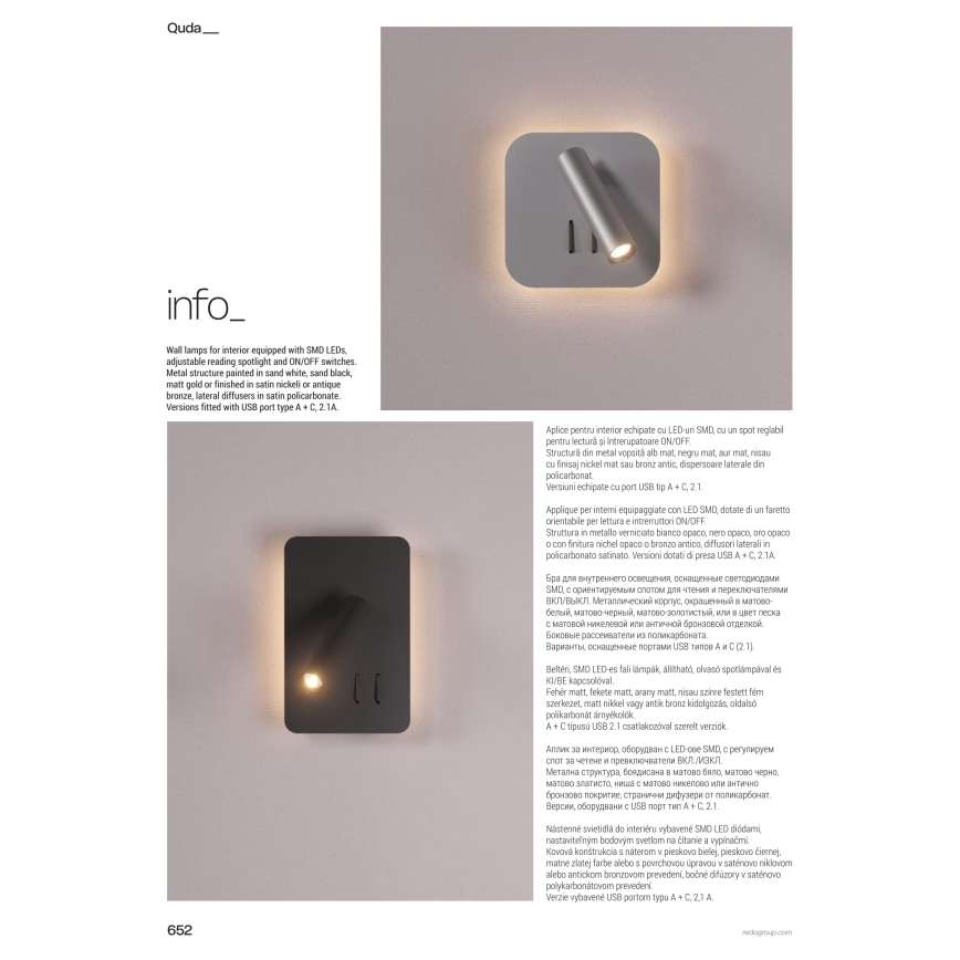 Redo 01-4473 - LED nástenné svietidlo QUDA LED/6W/230V + LED/3W CRI 90 USB bronzové