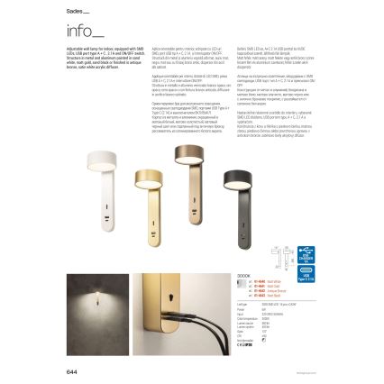 Redo 01-4640 - LED nástenné svietidlo SADES LED/6W/230V CRI 90 USB biela