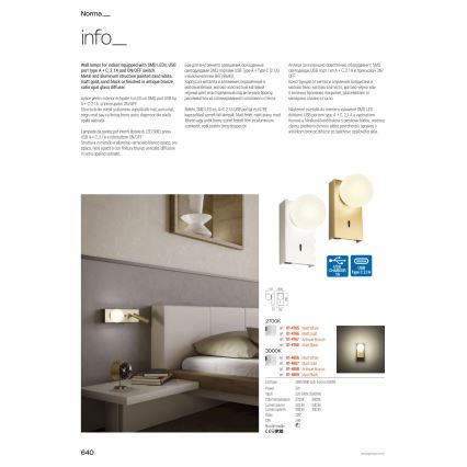 Redo 01-4657 - LED Nástenné svietidlo NORMA LED/5W/230V CRI 90 USB biela/zlatá