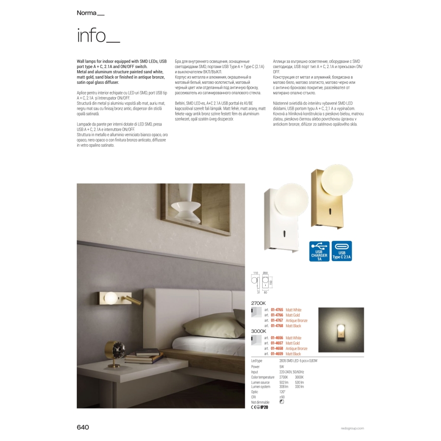 Redo 01-4661 - LED nástenné svietidlo NORMA LED/5W/230V + LED/3W CRI 90 USB biela/zlatá