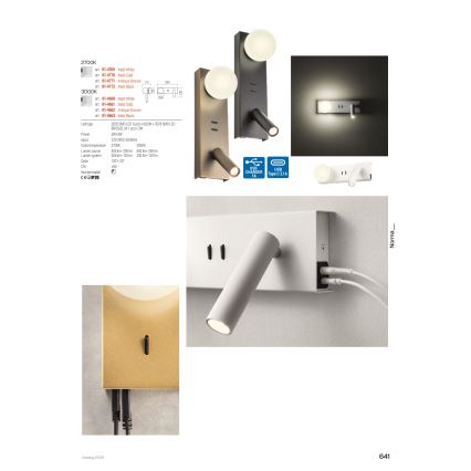 Redo 01-4661 - LED nástenné svietidlo NORMA LED/5W/230V + LED/3W CRI 90 USB biela/zlatá