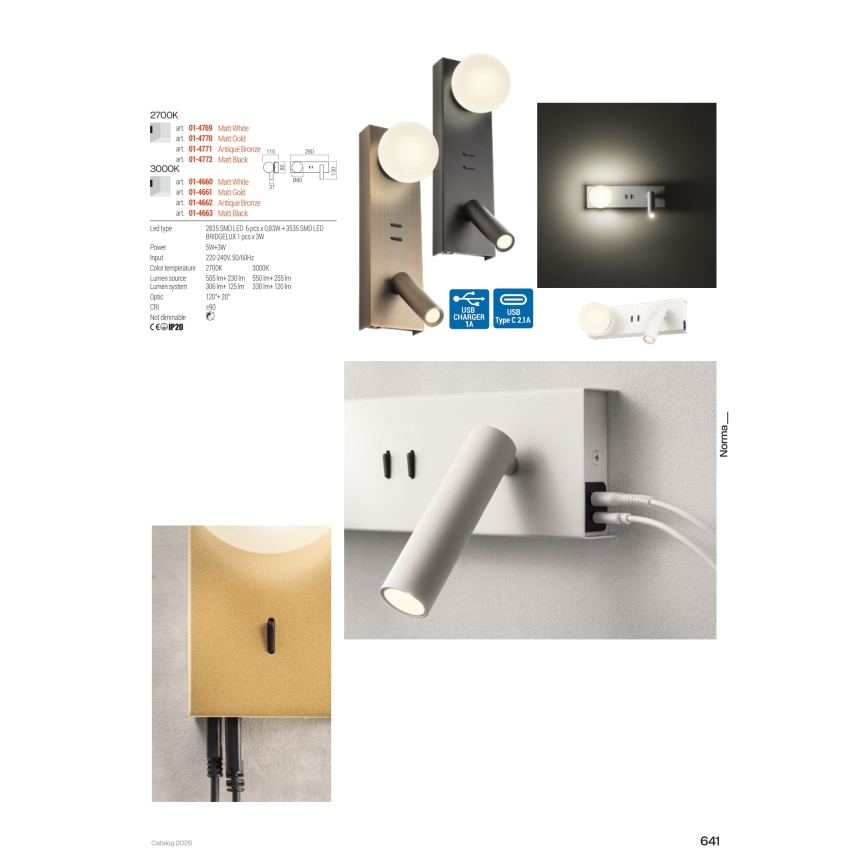 Redo 01-4661 - LED nástenné svietidlo NORMA LED/5W/230V + LED/3W CRI 90 USB biela/zlatá