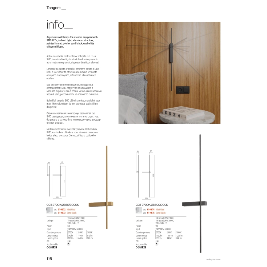 Redo 01-4675 - LED Nástenné svietidlo TANGENT LED/9W/230V 2700/2850/3000K CRI 90 čierna