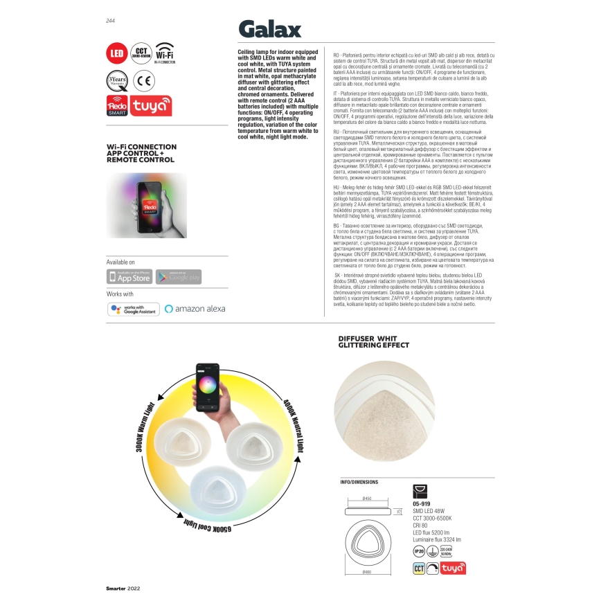Redo 05-919 - LED stmievateľné stropné svietidlo GALAX LED/48W/230V 3000-6500K Wi-Fi Tuya priemer 48 cm biele + diaľkové ovládanie