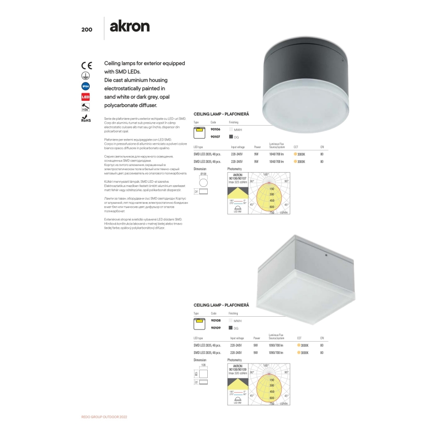Redo 90107 - LED Vonkajšie stropné svietidlo AKRON 1xLED/9W/230V pr. 10,8 cm IP54