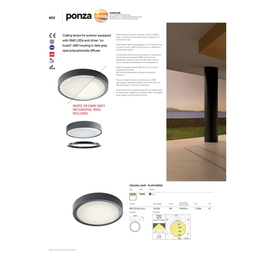 Redo 90156 - LED Vonkajšie stropné svietidlo PONZA LED/18W/230V pr. 30 cm IP65